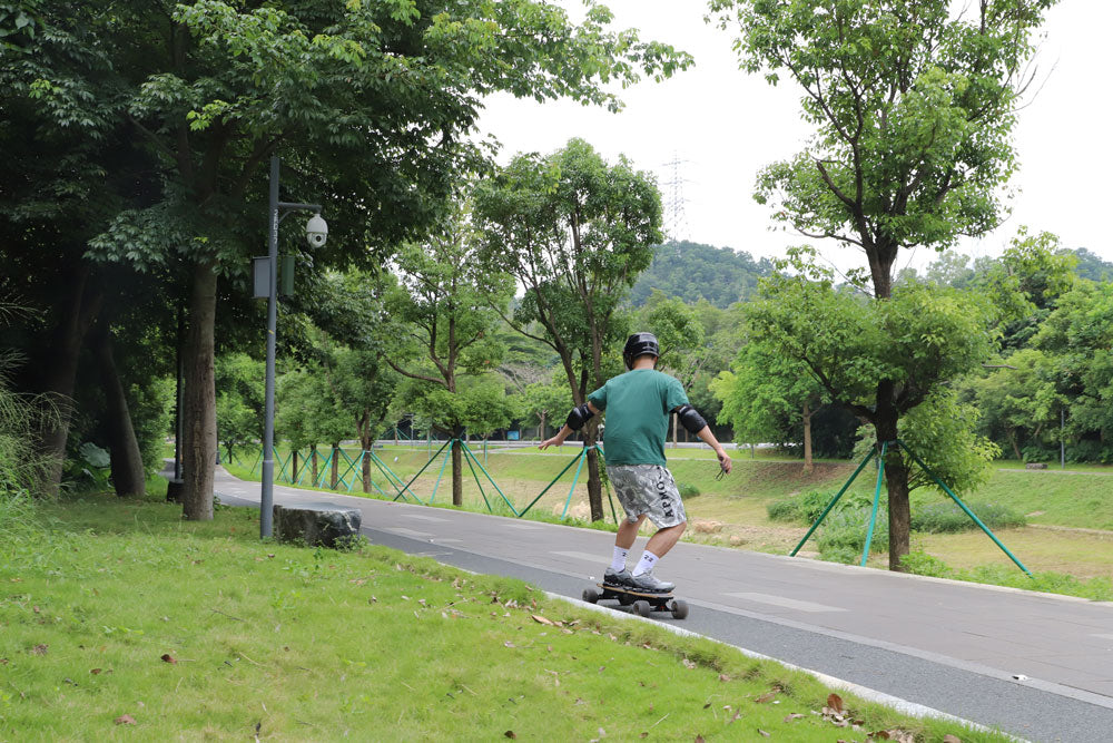 traveling on a veymax e skateboard